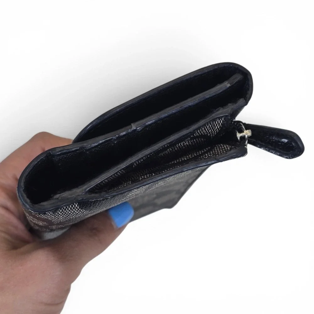 Coach Peyton Signature Jacquard Trifold Checkbook Wallet Black Gray Zip Clutch - Picture 10 of 11